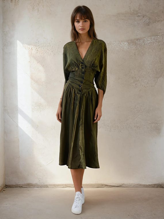 festival chic dress Vintage 1970s Boho Gold Dress - Hippie Festival Chic, Floral Earthy Retro  Style, Size Large