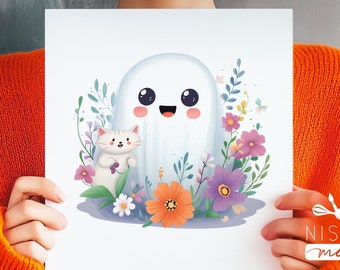 Cute Ghost with Cat Png, Cute Halloween Ghosts Png, Cat Lover Ghost Png, Halloween Cat Mom PNG, Sublimation File PNG, Cat Person Kuwaii