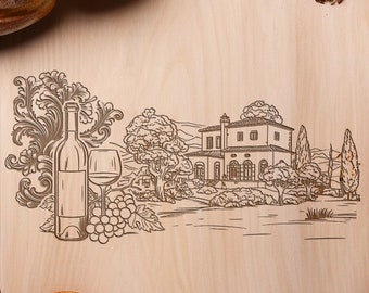Wijn kaas Italiaanse villa charcuterie bord vector bestand SVG PNG Cricut Glowforge lasersnijder gravure snijplank cadeau voor haar