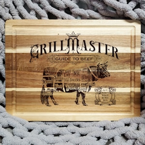May include: A wooden chopping board with a guide to beef cuts and temperatures. The board features a vintage illustration of a cow with different cuts labelled. The text reads "Grill Master Guide to Beef".
