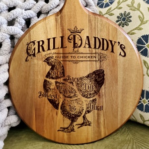 Może przedstawiać: Okrągła drewniana deska do krojenia z przewodnikiem po częściach kurczaka. Deska jest grawerowana słowami "Grill Daddy's Guide to Chicken" i rysunkiem kurczaka z oznaczonymi różnymi częściami.