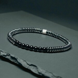 Black Tourmaline and Hematite Bracelet: Stainless Steel Accent