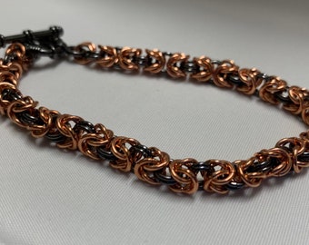 Shiny Copper & Gunmetal Byzantine Chain Maille Bracelet