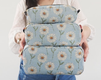 Daisy Flowers Box Pouch, Natuur Etui, Bloemrijke Make-up Tas, Lichtblauwe Cosmetische Tas, Klein/Medium/Groot formaat, Schoolbenodigdheden, Cadeau