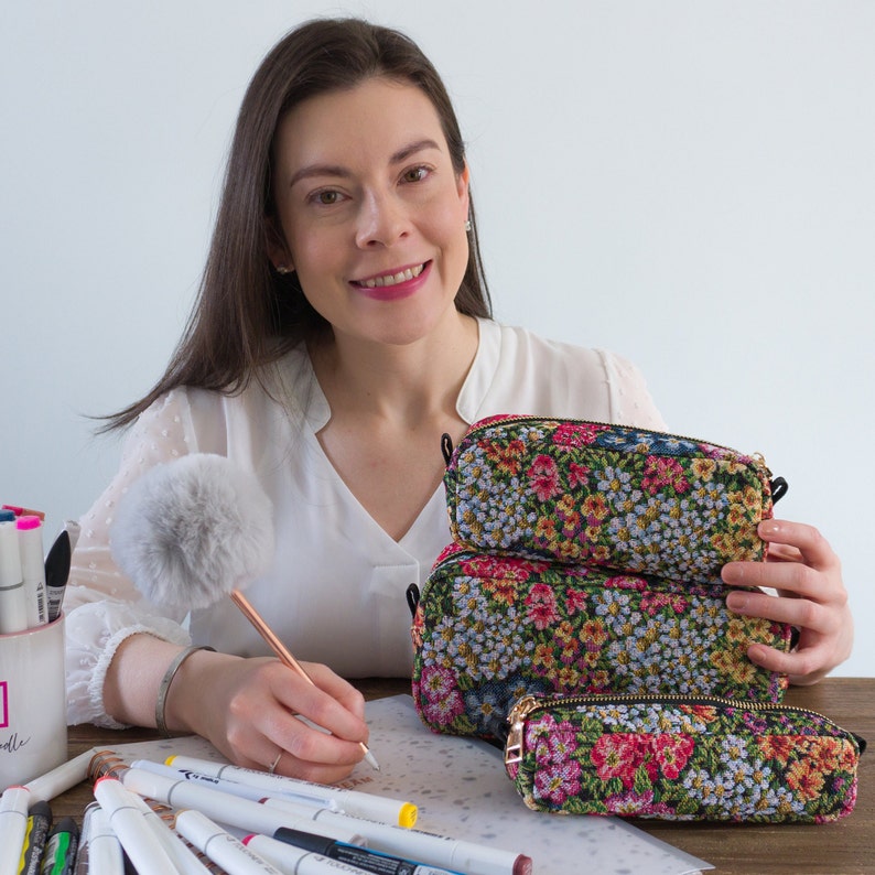 Meerkleurige bloemrijke doos etui, natuurstof etui, bekleding make-up tas, schattige cosmetische tas, klein/middelgroot/groot formaat, schoolbenodigdheden afbeelding 10