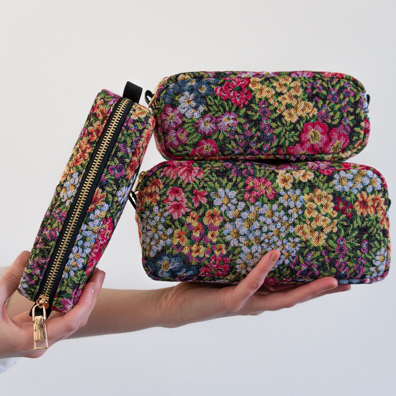 Meerkleurige bloemrijke doos etui, natuurstof etui, bekleding make-up tas, schattige cosmetische tas, klein/middelgroot/groot formaat, schoolbenodigdheden afbeelding 8