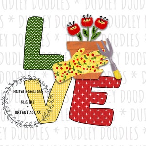 Hand Drawn Printable Digital Download LOVE Gardening Garden Gardener Flag PNG Sublimation File Clip Art Clipart Scrapbook Gloves Clip Art