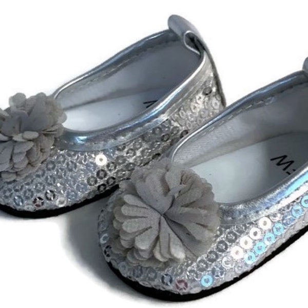 Silver Sequin Flat Shoes w/Flower  Fits 18 inch Dolls Fit 18 Inch Dolls 18" Doll Accessories 18 Inch Doll Boy Doll or Girl Doll