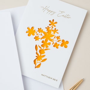 Tarjeta Cristiana Feliz Pascua - Cruz de Flores - Mateo 28:6 versículo de la Biblia - Ha Resucitado