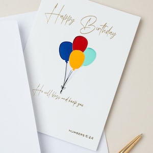 Carte d'anniversaire chrétienne - ballons et verset (multicolore) - versets bibliques chiffres 6:24 - que le Seigneur vous bénisse et vous garde