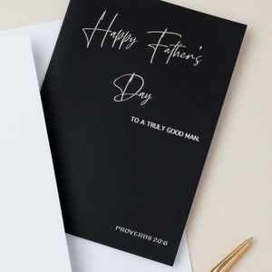 Carte chrétienne pour la fête des pères - Homme vraiment bien - Petit texte (noir et argent) - Proverbes 20:6 verset biblique - Un homme fidèle qui peut trouver ?