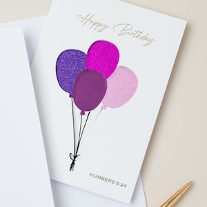 Cartão Cristão de Aniversário - Balões (Roxo e Rosa) - Números 6:24 versículo bíblico - O Senhor te abençoe e te guarde