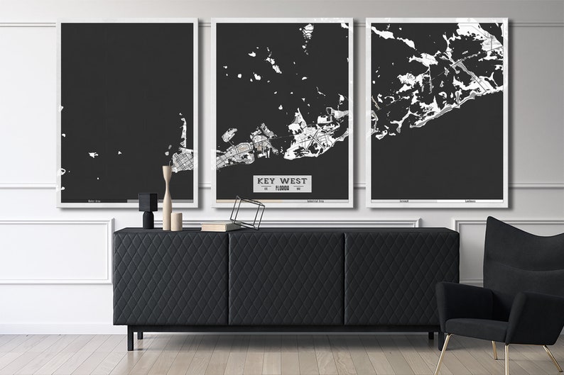 Ready to Hang Florida Map KEY WEST FL Canvas Print Huge Wall Art Black and White Gray Modern 3 panel Extra Large Poster Restaurant Decor