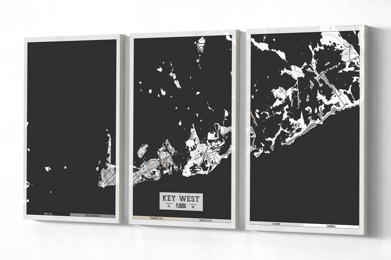 Ready to Hang Florida Map KEY WEST FL Canvas Print Huge Wall Art Black and White Gray Modern 3 panel Extra Large Poster Restaurant Decor