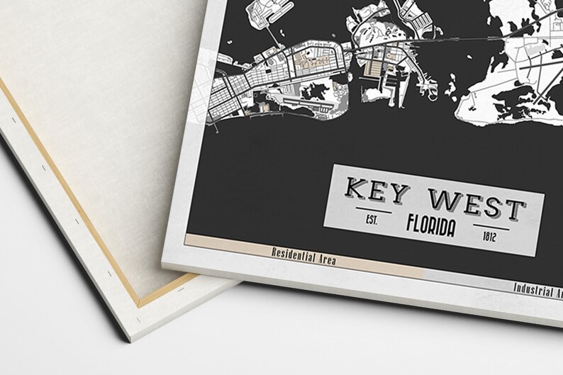 Ready to Hang Florida Map KEY WEST FL Canvas Print Huge Wall Art Black and White Gray Modern 3 panel Extra Large Poster Restaurant Decor