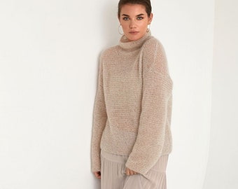Mohair sweater, turtleneck knit pullover, beige oversized fluffy jumper for women