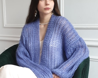 Handmade Mohair Oversize Blue Cardigan – Lightweight Cloud-like