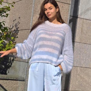 Hand Knit Striped Mohair Sweater for Women – Soft Blue Oversized Pullover – Fluffy Loose Knit Jumper – Cozy Handmade Knitwear Gift Idea