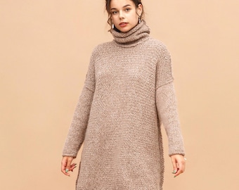 Long wool tunic Alpaca sweater women, turtleneck plus size wool sweater