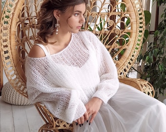 Bridal sweater wrap, wedding crew neck sweater in autumn mohair alpaca sweater, wedding cover up Knitted bridal wrap, shrug