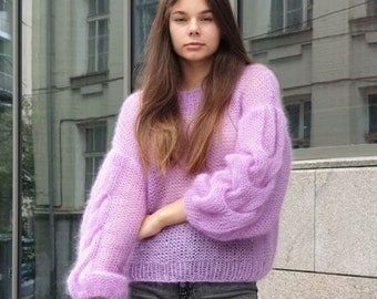 Hand Knitted Sweater Wide Sleeve Loose Mohair Sweater Lilac, Christmas gift