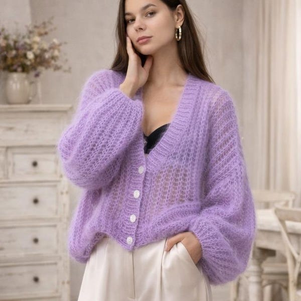 Knitting Pattern PDF, lilac Mohair Cardigan Pattern, Oversized Sweater Knitting Pattern, 4 Sizes Included DAY mohair cardigan 4 videos