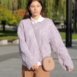 Knitting pattern for leaf pullover, lace pattern, wide sleeve sweater