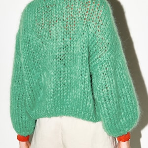 Cropped cardigan sweater women Green mohair jacket, knitted bomber jacket, Christmas gift image 2