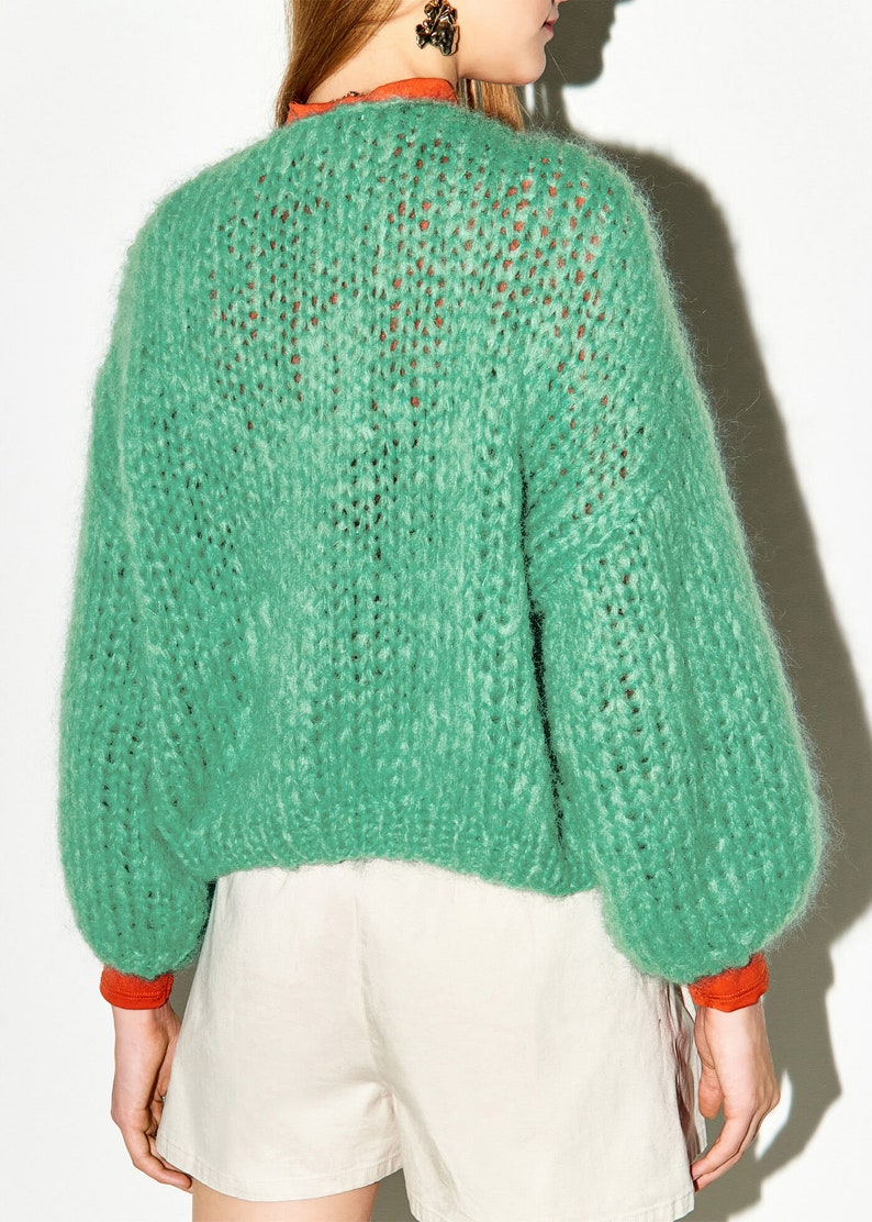 Cropped cardigan sweater women Green mohair jacket, knitted bomber jacket, Christmas gift image 2