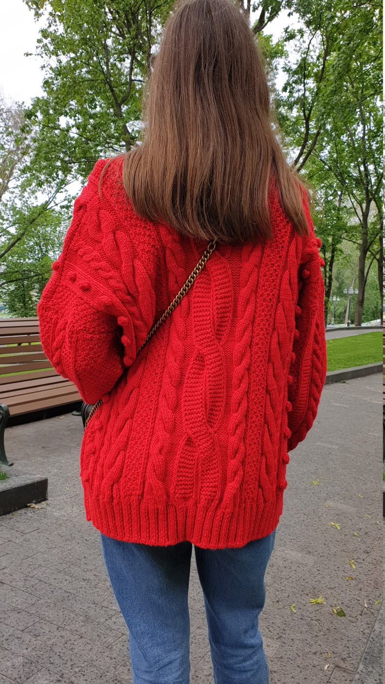 Cable knit cardigan wool cardigan women red chunky long | Etsy