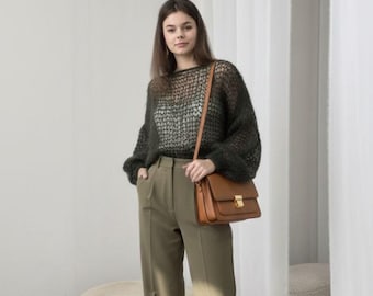 オリーブグリーンコットンニットオーバーサイズプルオーバーセーター