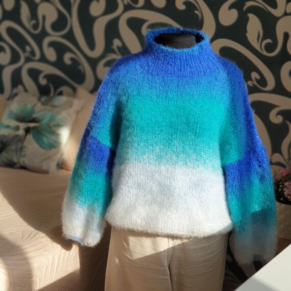Gradient Sweater Blue Stripe Ombre Mohair Pullover Color Gradient Sweater Blue Stripe Ombre Mohair Pullover Color