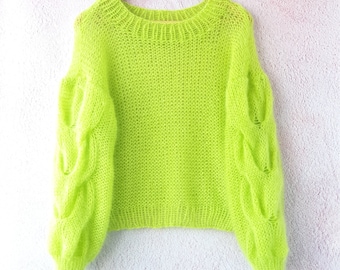Neon Green Yellow Hand Knitted with your monogram Oversized Mohair Sweater Fluo Yellow, Christmas gift
