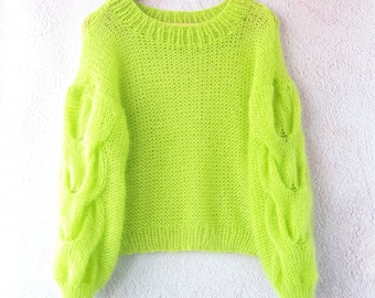 Neon Green Yellow Hand Knitted Monogram Oversized Mohair Sweater Fluo Yellow, Christmas gift