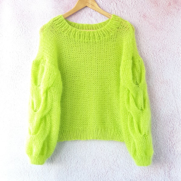 Neon Green Yellow Hand Knitted Monogram Oversized Mohair Sweater Fluo Yellow, Christmas gift