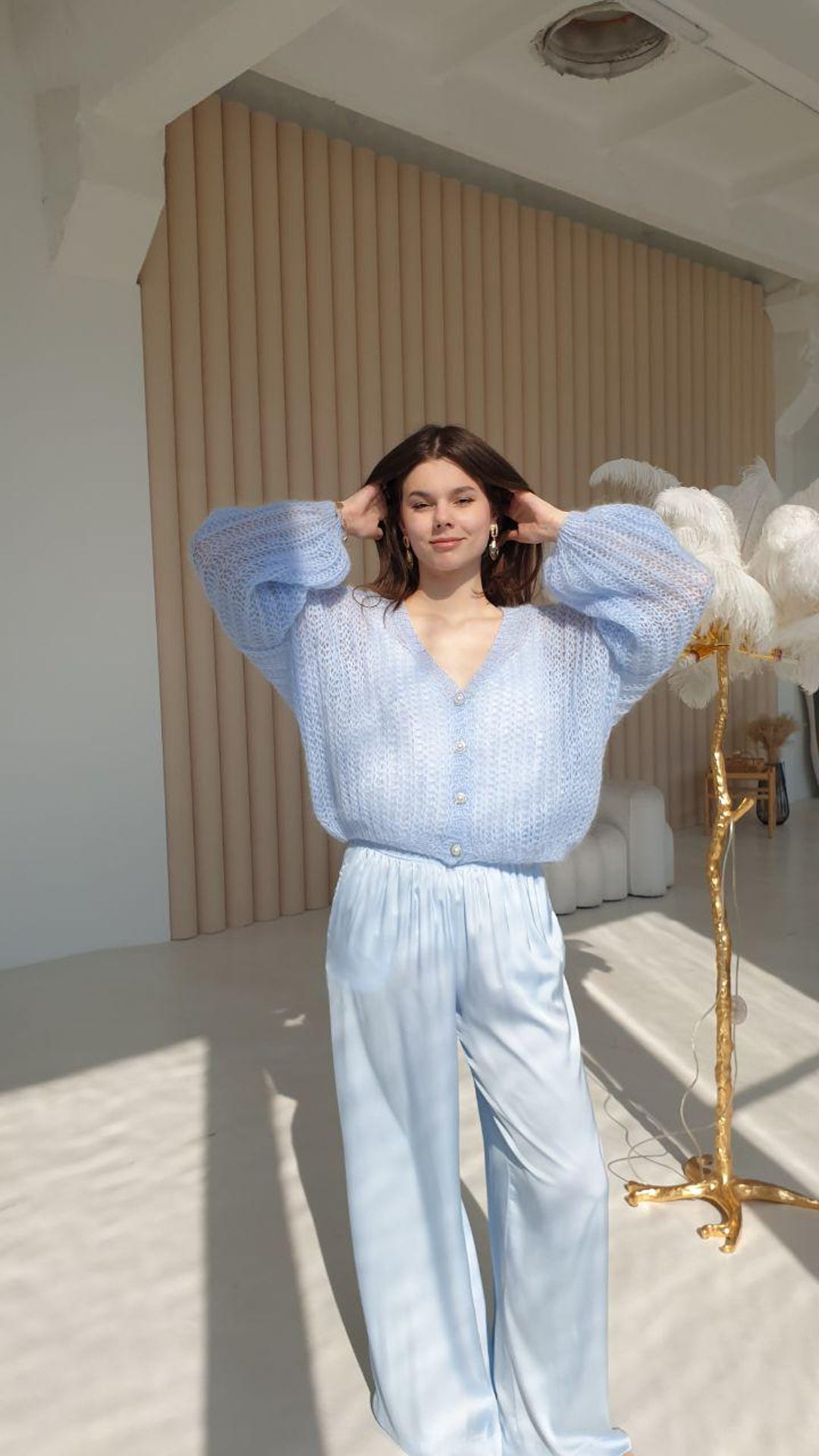 トップス MIX LOOP MOHAIR KNIT CARDIGAN Light Blue Mohair Loop Knit Cardigan, Handmade Oversized