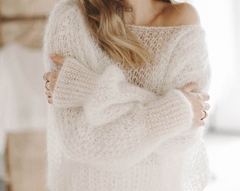 Romantic White Mohair Wedding Sweater Mohair Bride Sweater Pullover Lace Topper, Christmas gift