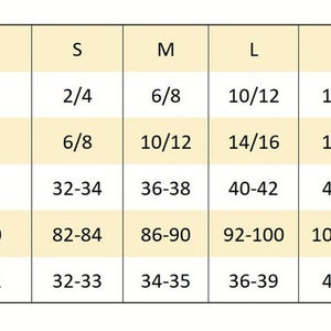 May include: Size chart for clothing with measurements in US, UK, European sizes, and centimeters and inches for bust and chest.