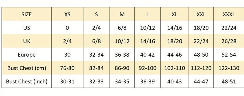 May include: Size chart for clothing with measurements in US, UK, European sizes, and centimeters and inches for bust and chest.