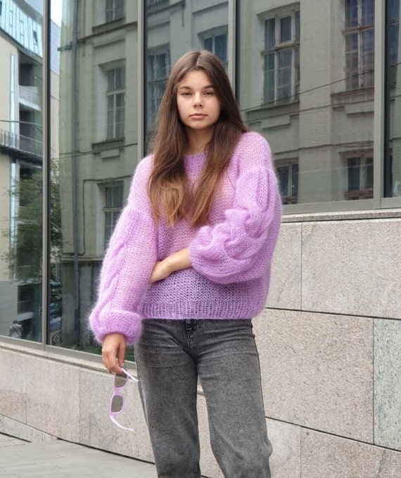 Hand Knitted Sweater Wide Sleeve Loose Mohair Sweater Lilac