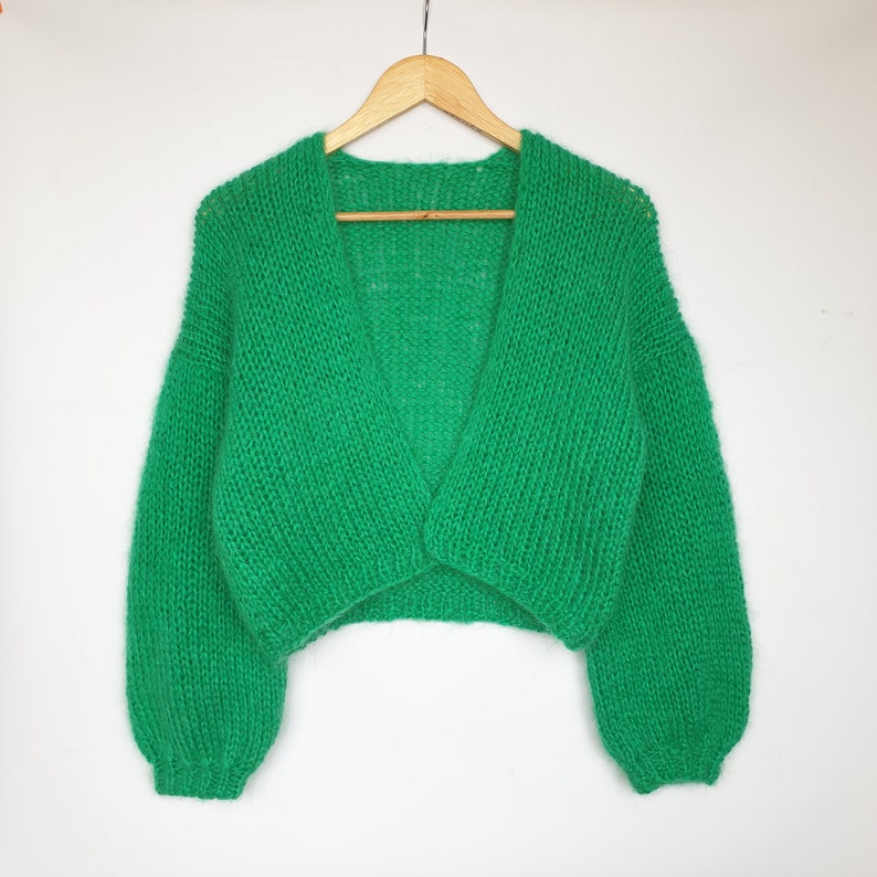 Cropped cardigan sweater women Green mohair jacket, knitted bomber jacket, Christmas gift image 4