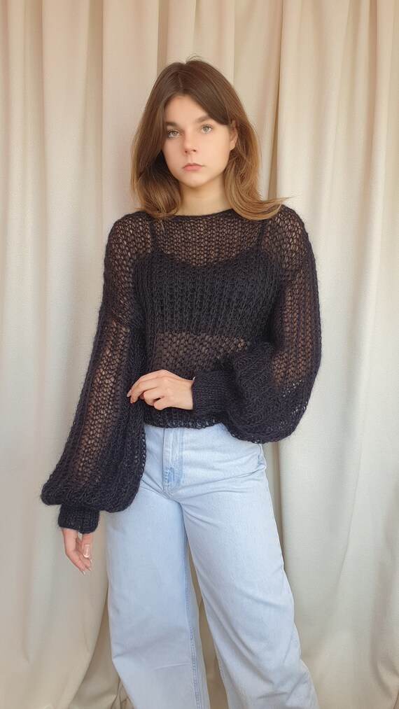 Black mohair sweater, mohair jumper women's street style woman