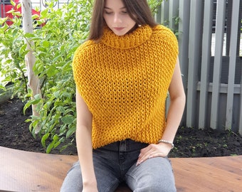 Hand knit oversize woman high neck vest, chunky slouchy mustard wool turtleneck, Christmas gift