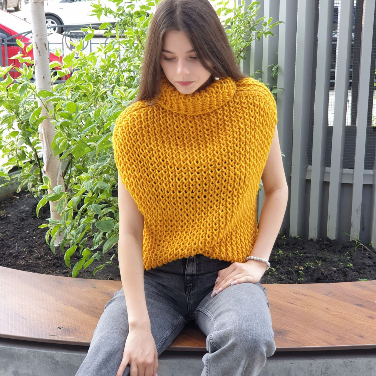 Hand knit oversize woman high neck vest, chunky slouchy mustard wool  turtleneck, Christmas gift