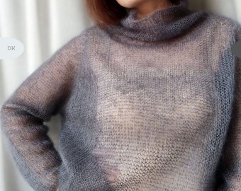 Hand knit mohair turtleneck sweater Dark grey silk mohair sweater women