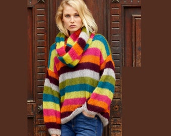 Suéteres coloridos para mujer Suéter navideño de mohair con rayas multicolores de gran tamaño, suéter arcoíris L, Xl, XXl