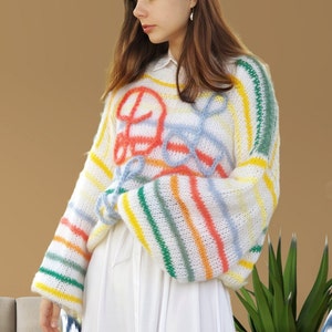 Multicolor knit sweater personalized sweater woman Rainbow mohair Crew Neck Sweater Pullover Women Long Sleeve Colorful  Pullover