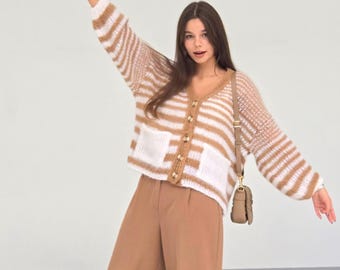 Striped Oversized Cardigan, Beige With White, V-neck Cardigan With