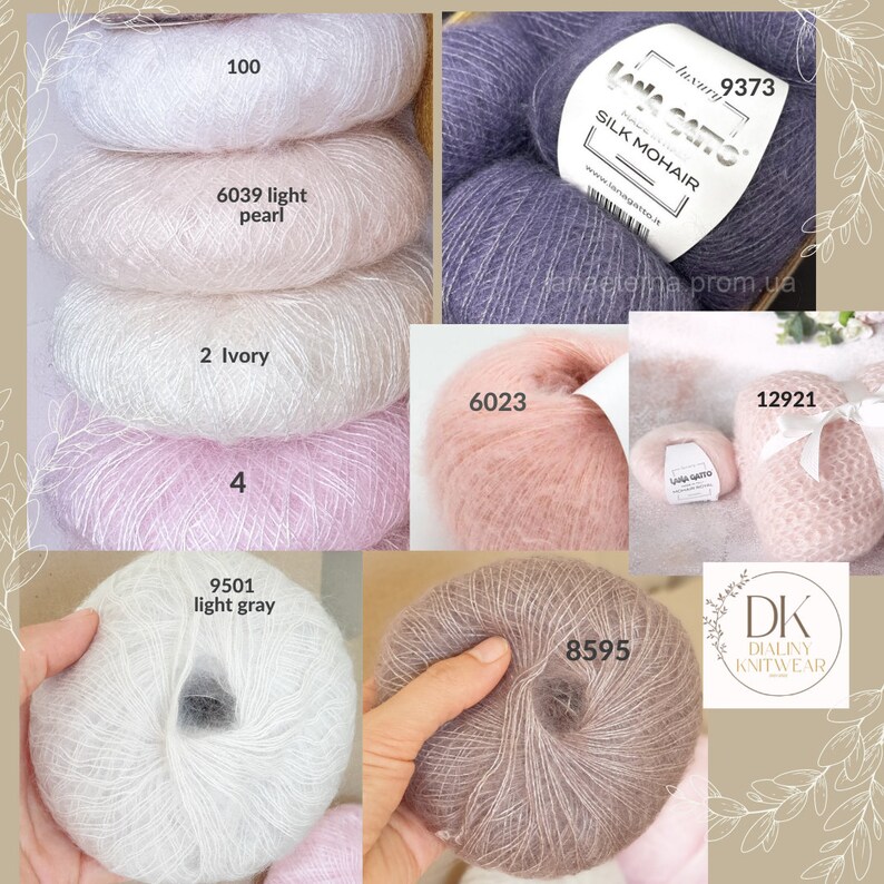 May include: Assortment of yarn skeins in various colors, including light pink, ivory, light gray, and brown. The yarn is labeled "Lana Gatto Silk Mohair" and features the numbers 6039, 100, 2, 4, 6023, 9373, 12921, 9501, and 8595.