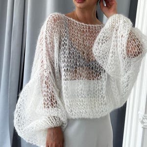 Hand Knit White Mohair Loose Sweater, Sheer Oversized White Pullover, Romantic Boho Wedding Top, Lightweight Evening Knitwear